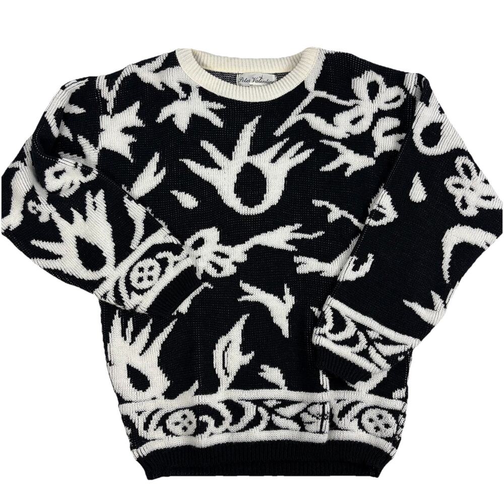 Vintage 80s Knit Sweater Black White Geometric Cosby Grandpacore Size Medium